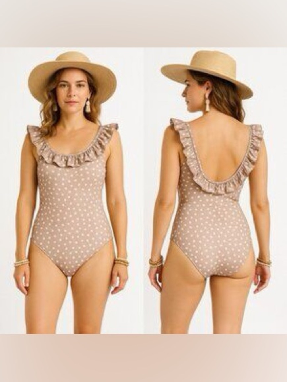 Imagine Perry Ruffle Scoop-Back One-Piece Swimsuit in Taupe Polka Dot Medium